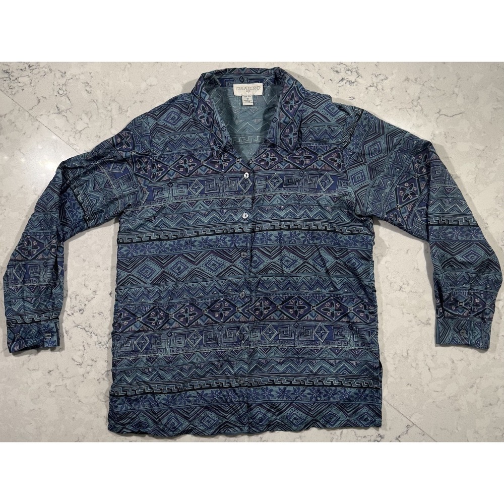 VTG Casual Corner 100% Silk Blouse Womens Medium Blue Geometric Southwestern Top